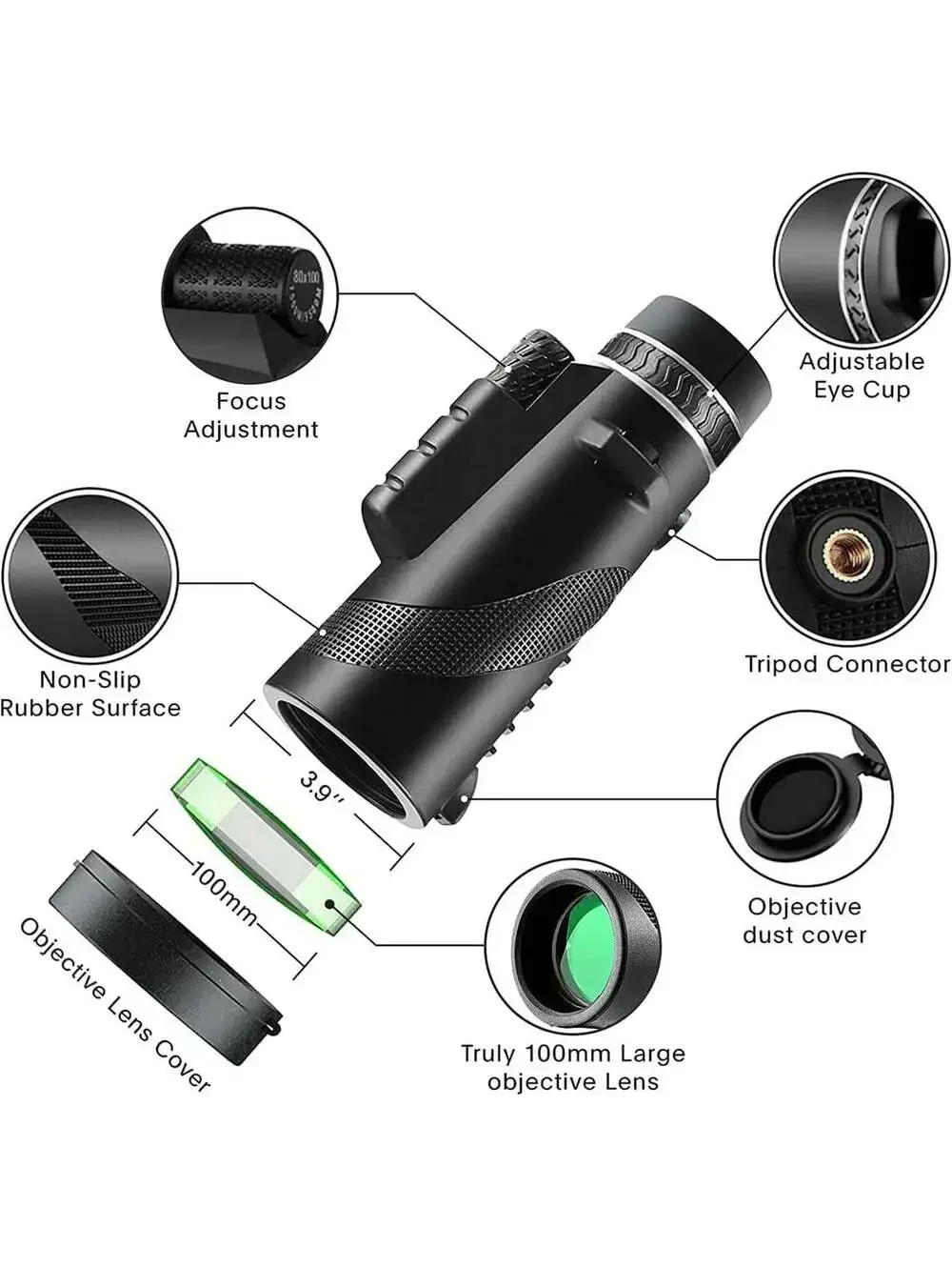 Monocular-Telescope 80x100 High Powered Monocular w/ Smartphone Adapter & Tripod